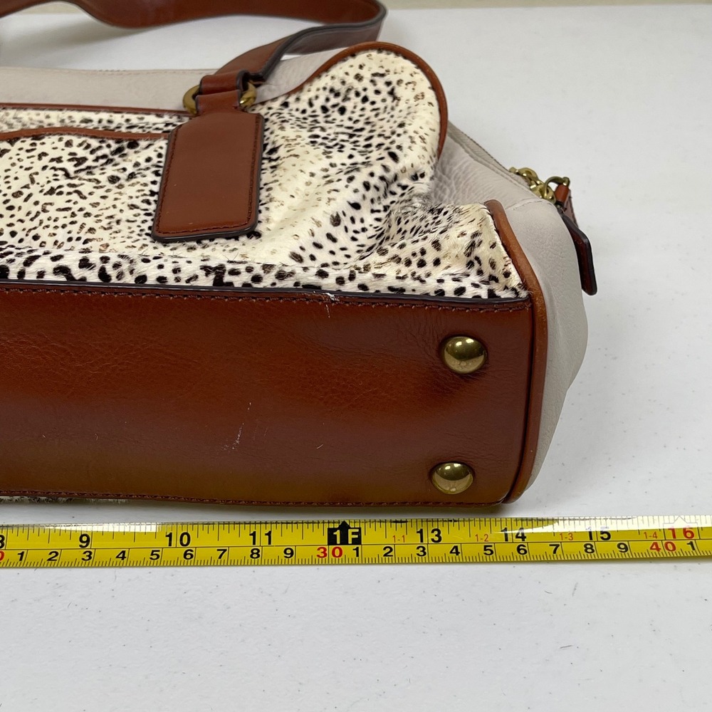 Fossil Memoir Satchel Leather Calf Hair Purse White Bone Spot Animal Print Boho‎ - Picture 13 of 15